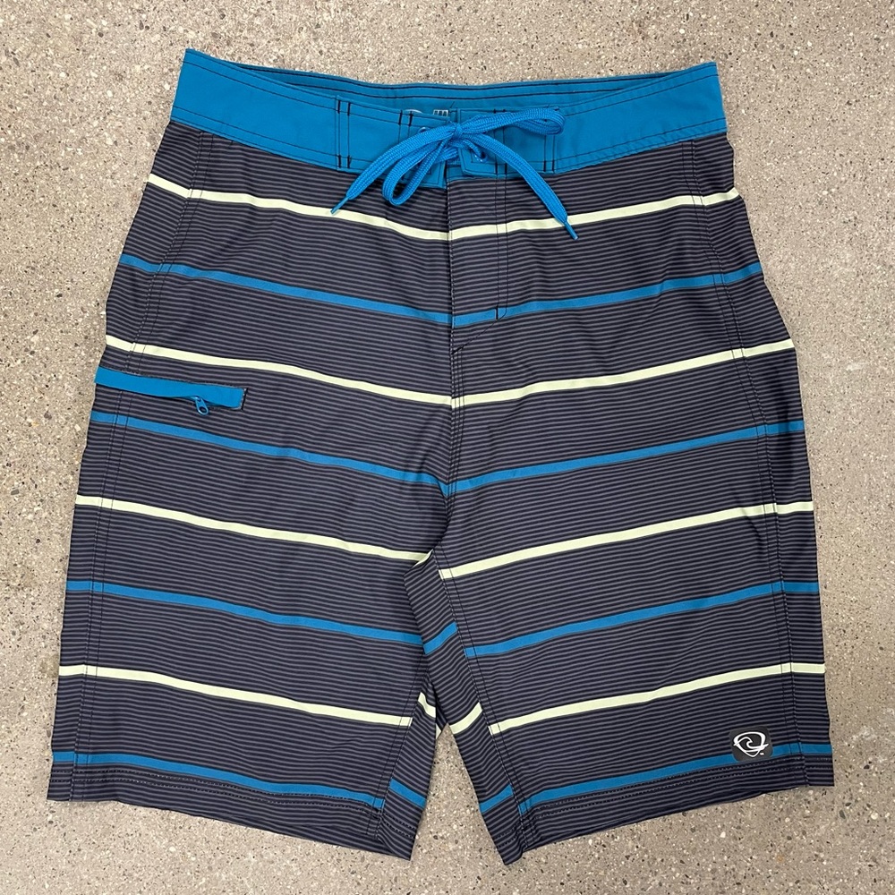 Wave Zone Blue Green Black Stripe Tie Waist Swim Board Shorts Bathing Suit - 30